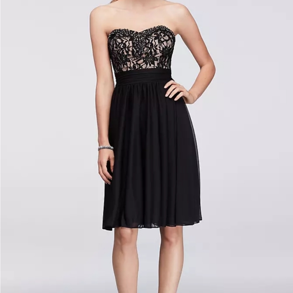 DAVID'S BRIDAL beaded black silver crystal cocktail dress rhinestone trim Sz 4